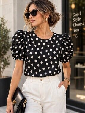 Blousology Polka Dot Puff Sleeve Top